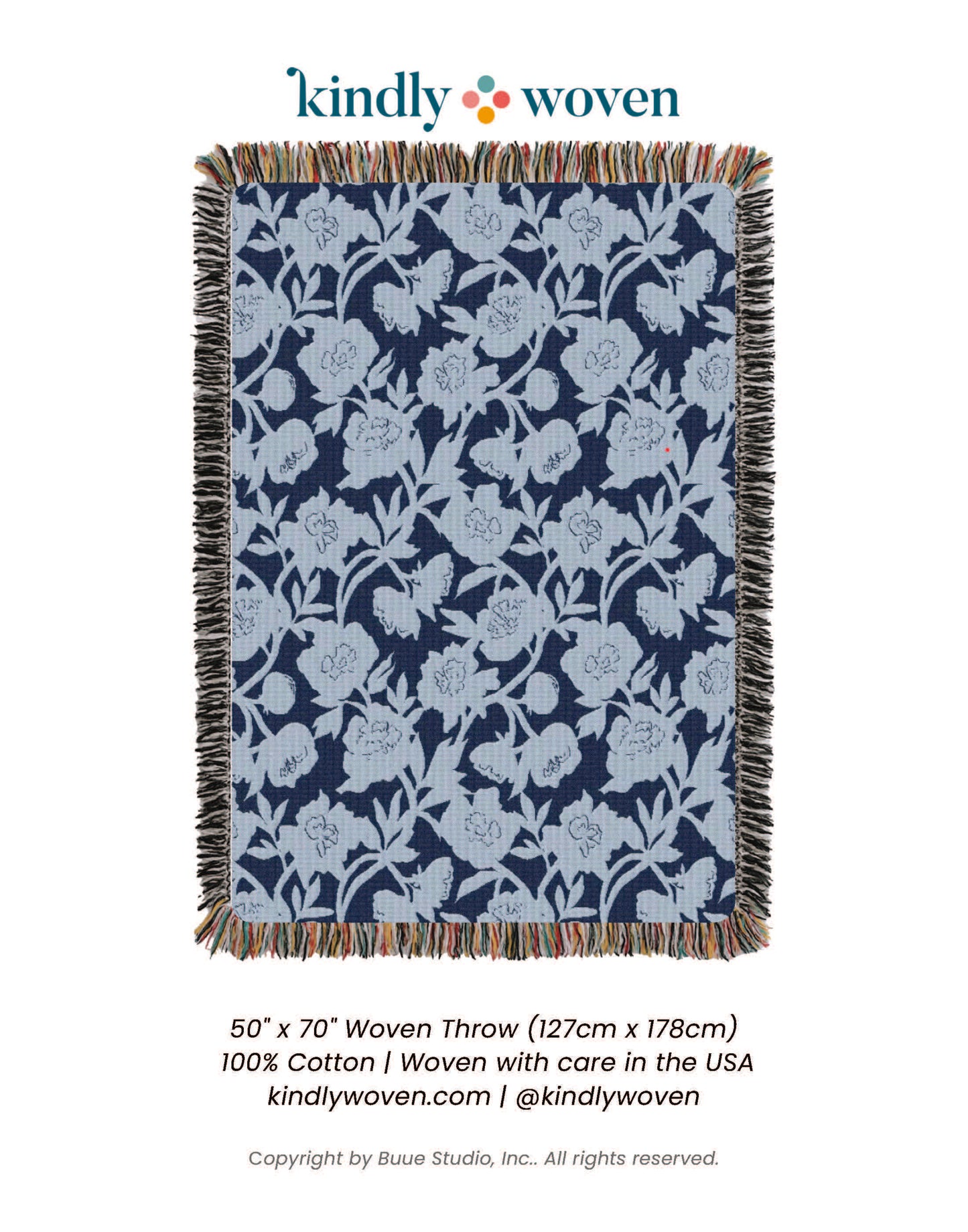 Floral patterned woven throw blanket with 'kindly woven' branding on a white background