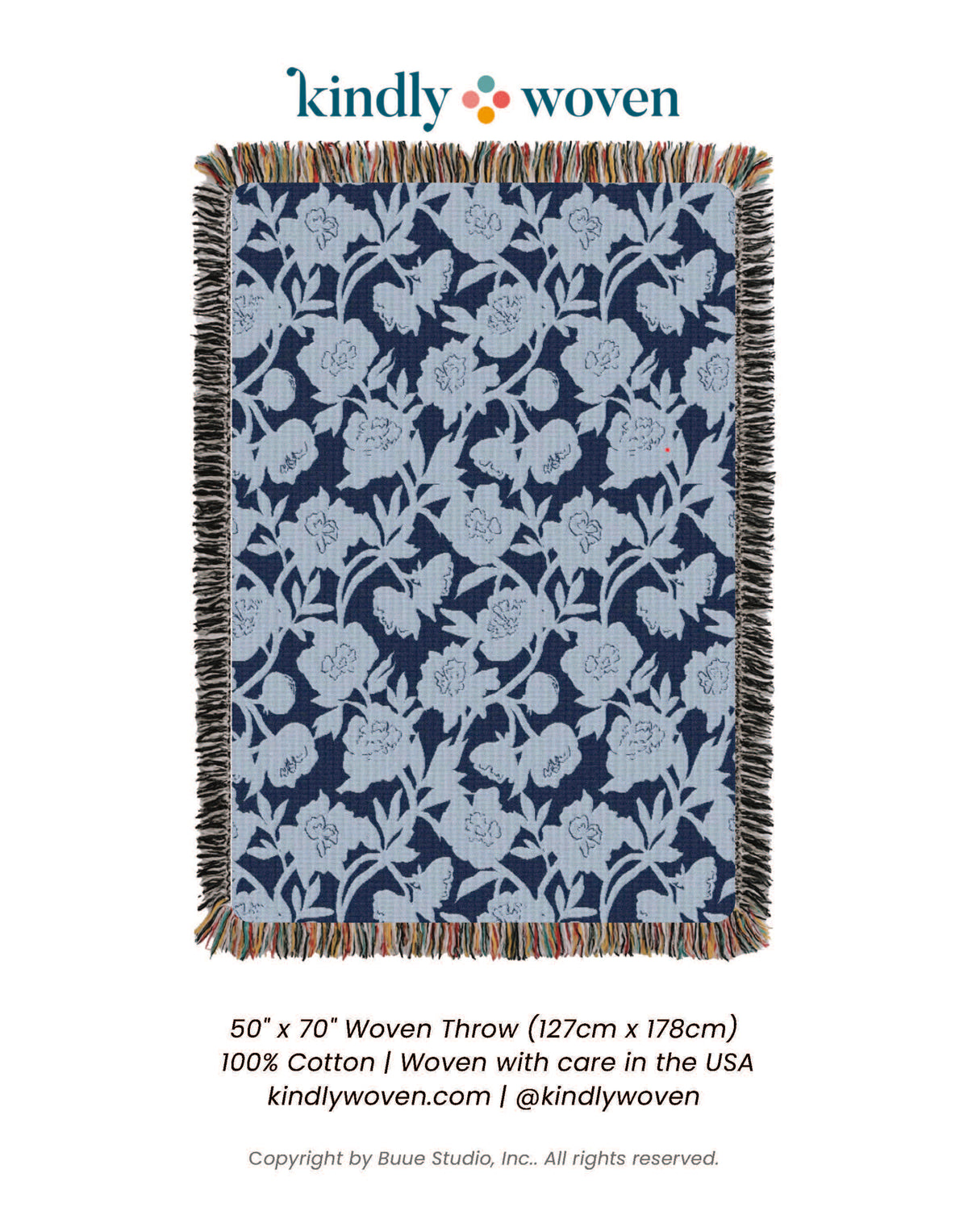 Floral patterned woven throw blanket with 'kindly woven' branding on a white background
