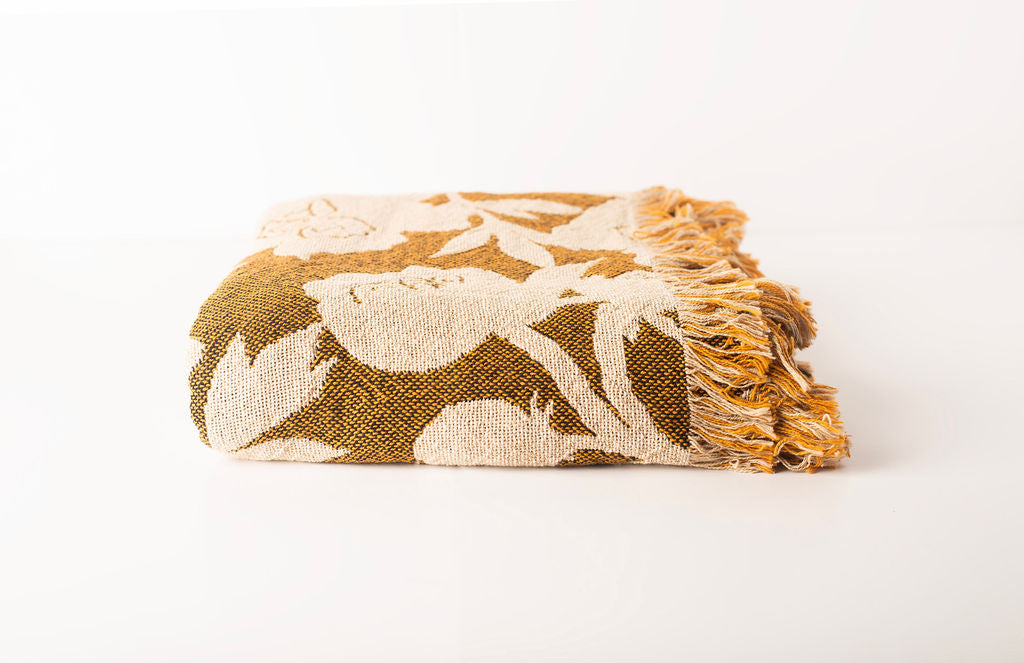 Addy – Ochre Colorway - Reversible Woven Blanket with Fringe
