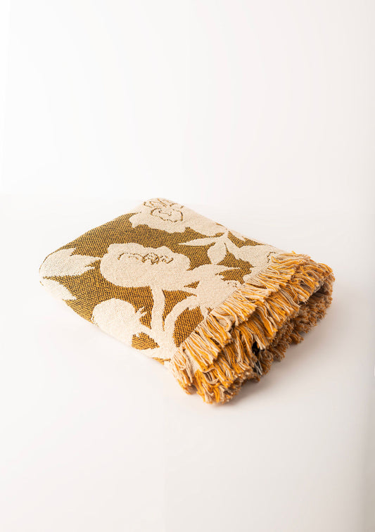Addy – Ochre Colorway - Reversible Woven Blanket with Fringe