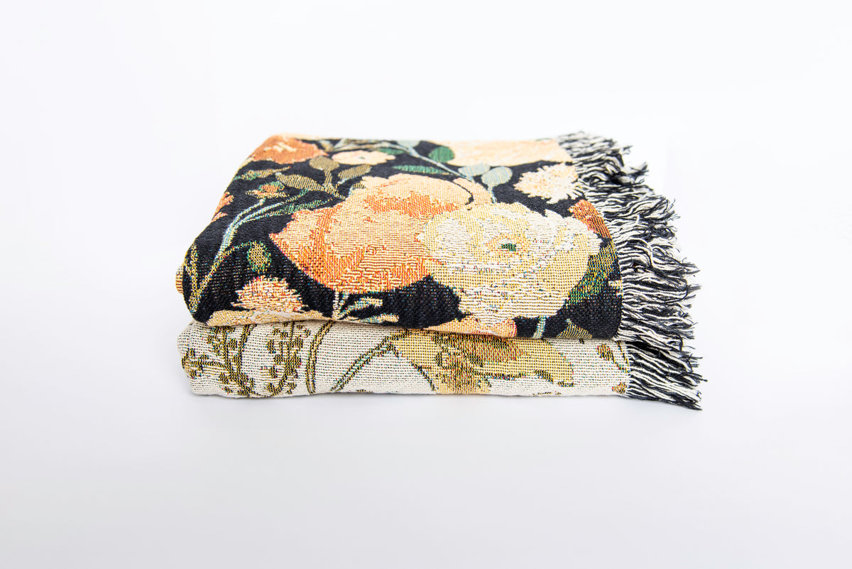 Poppy Floral Jacquard Woven Throw Blanket, Reversible Cotton Throw, Made in USA | Indy Bloom Poppy Grove