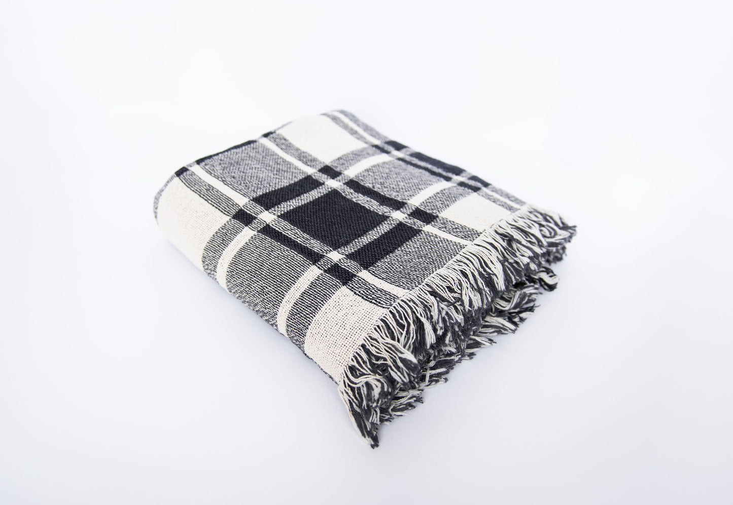 Black and White Plaid Woven Jacquard Throw Blanket with Fringe, 100% Cotton, Made in USA