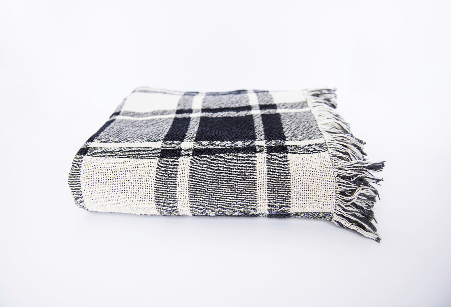 Black and White Plaid Woven Jacquard Throw Blanket with Fringe, 100% Cotton, Made in USA