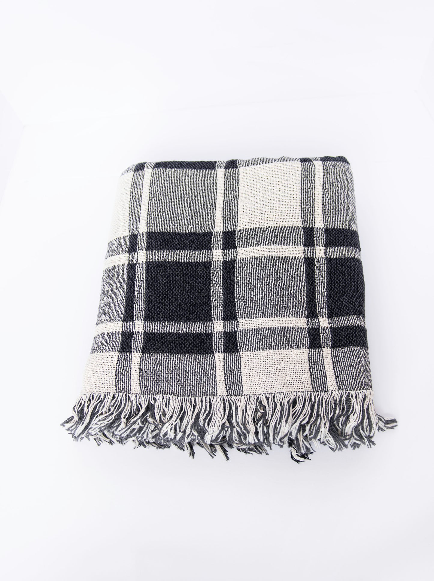Black and White Plaid Woven Jacquard Throw Blanket with Fringe, 100% Cotton, Made in USA