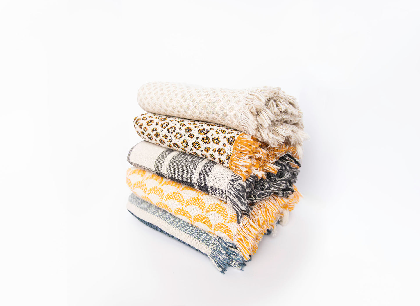 Neutral Textured Woven Jacquard Throw Blanket with Fringe, 100% Cotton, Made in USA
