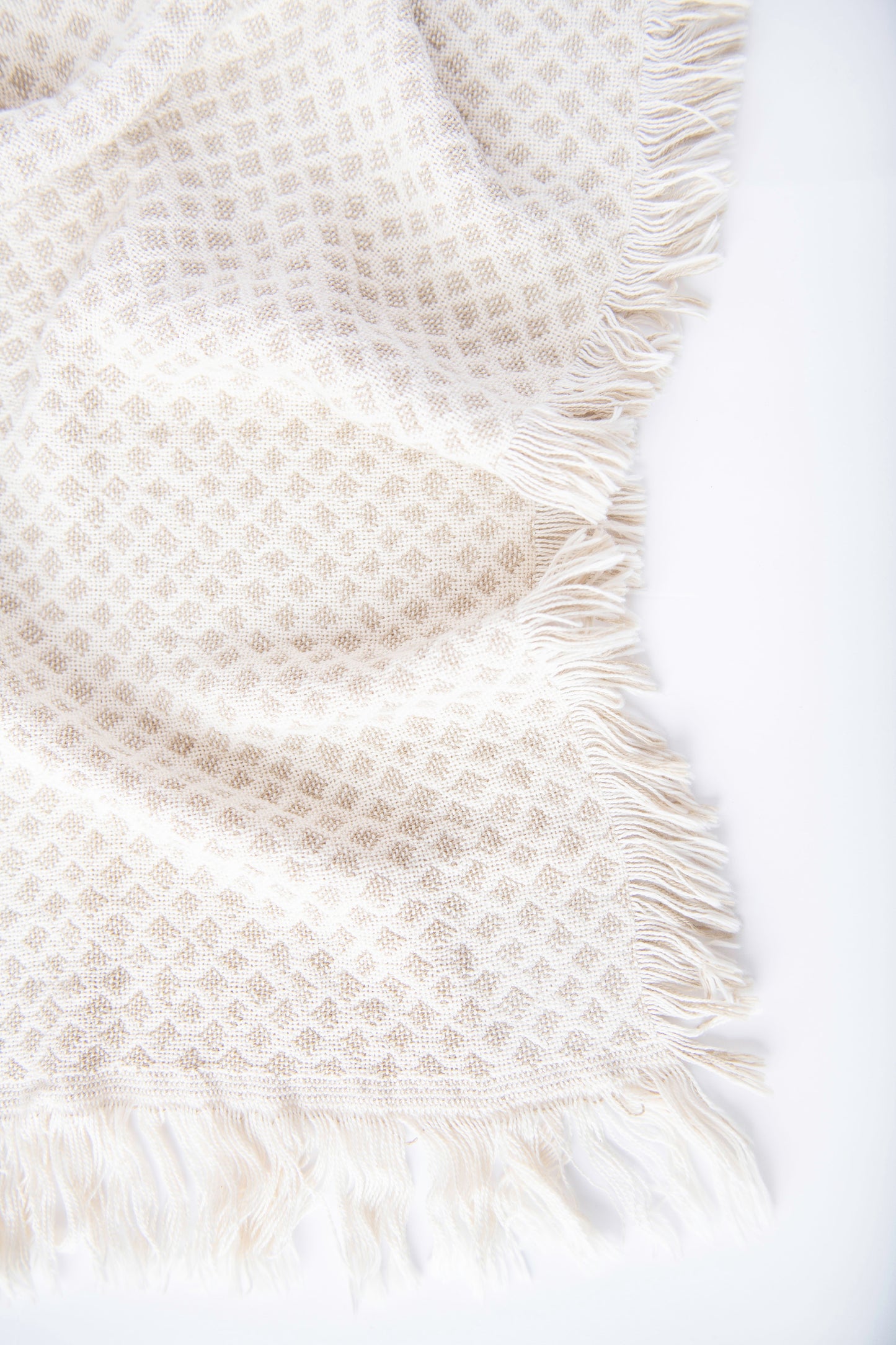 Neutral Textured Woven Jacquard Throw Blanket with Fringe, 100% Cotton, Made in USA
