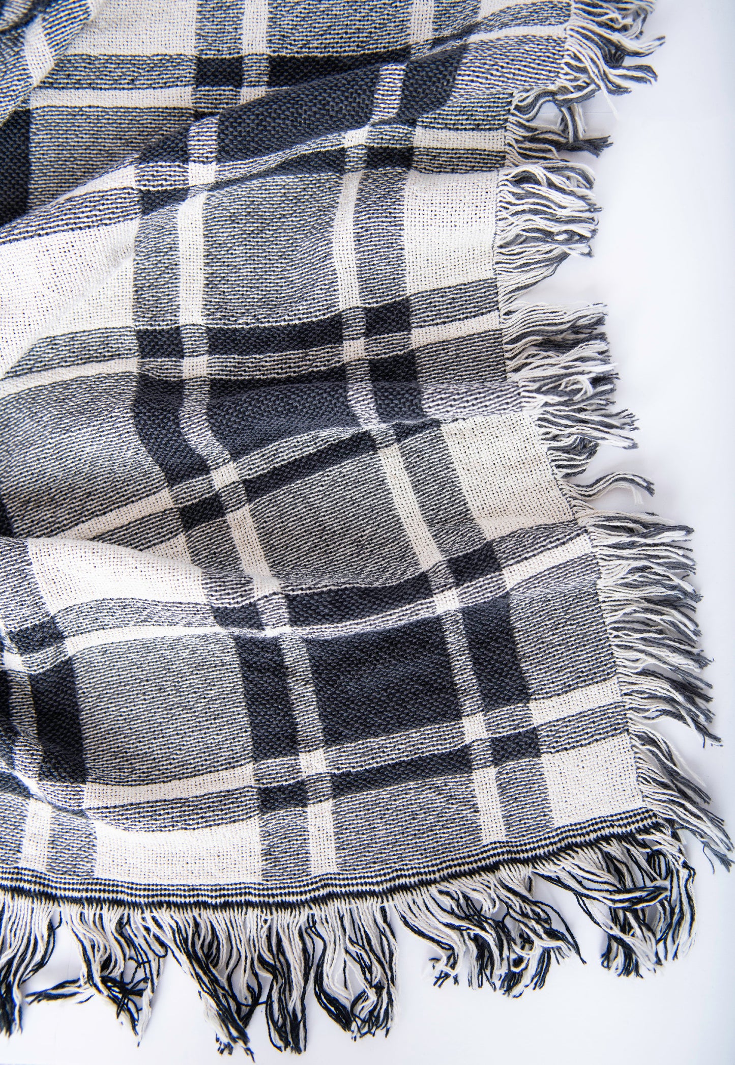 Black and White Plaid Woven Jacquard Throw Blanket with Fringe, 100% Cotton, Made in USA