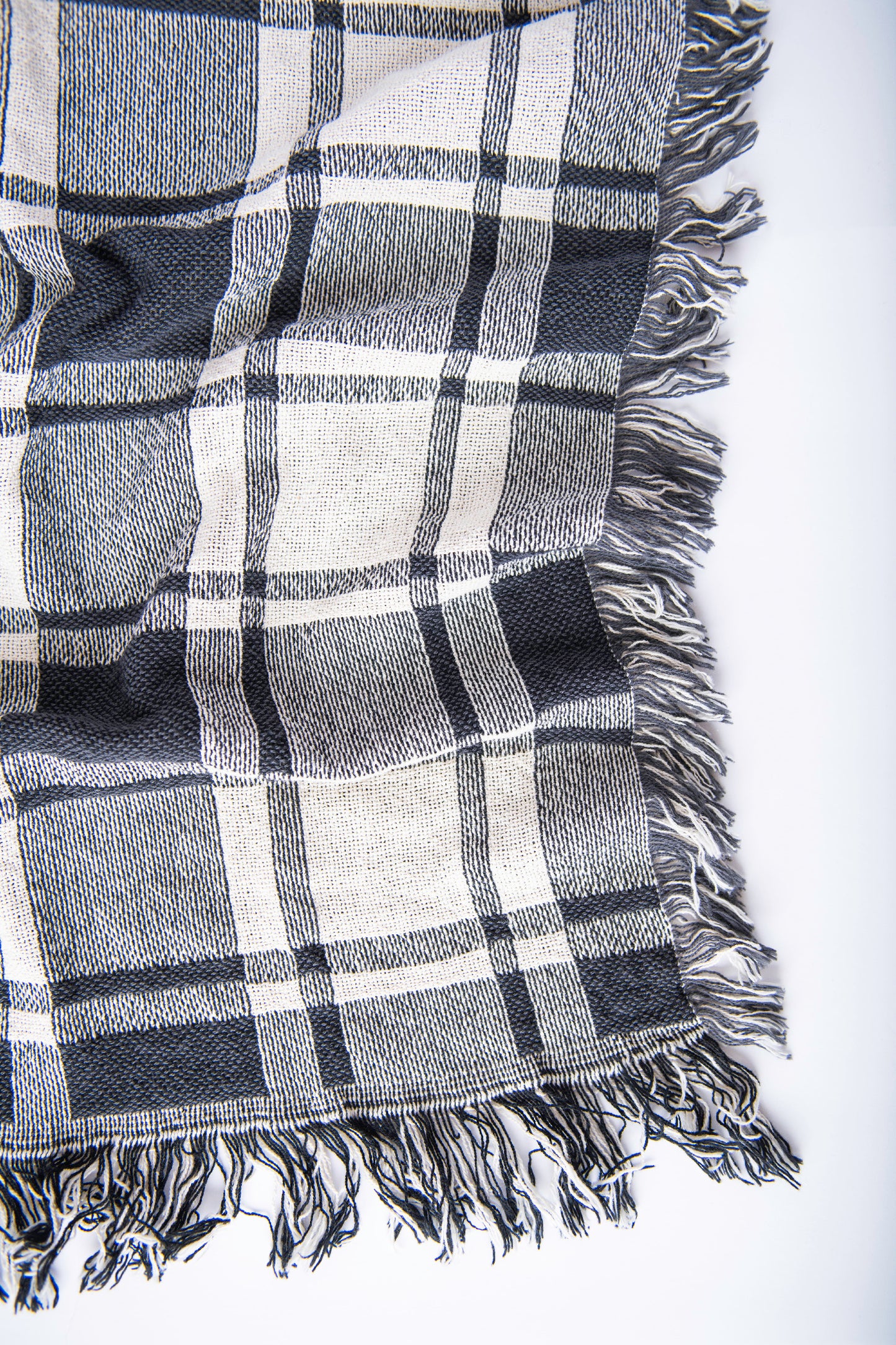 Black and White Plaid Woven Jacquard Throw Blanket with Fringe, 100% Cotton, Made in USA