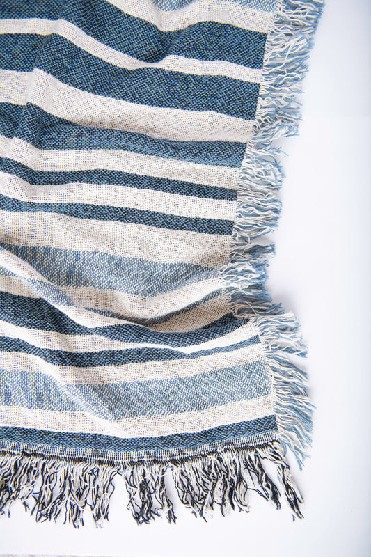 Coastal Stripe Jacquard Throw Blanket with Fringe, 100% Cotton, Made in USA