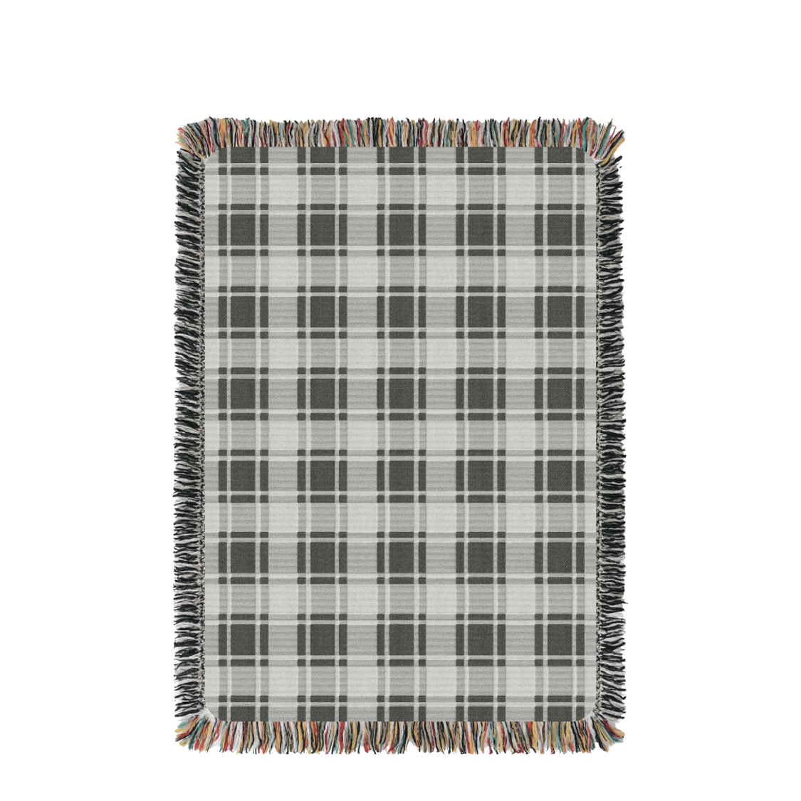 Black and White Plaid Woven Jacquard Throw Blanket with Fringe, 100% Cotton, Made in USA