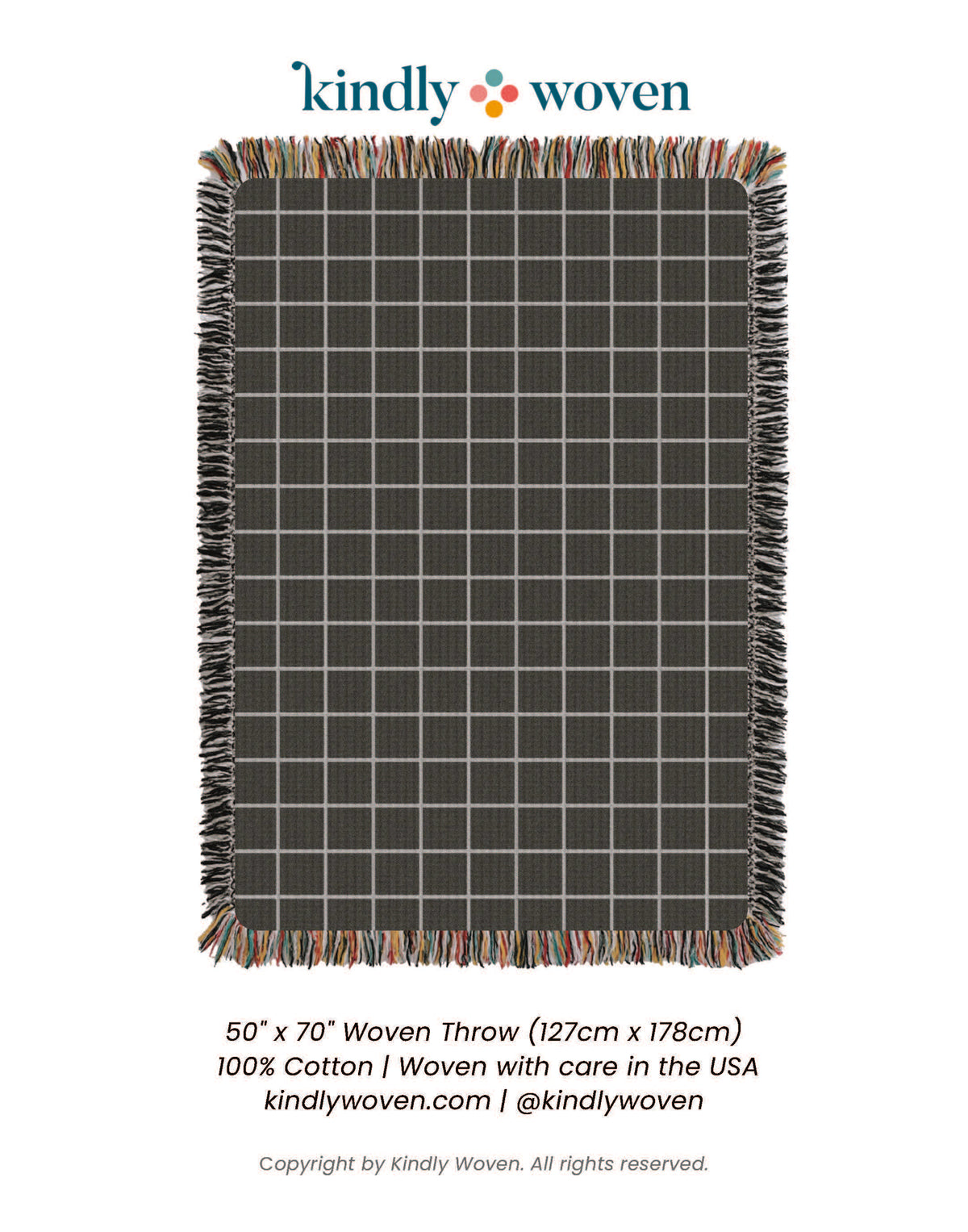 Kindly Woven Greer Nocturne product card showing the full charcoal grid woven throw blanket