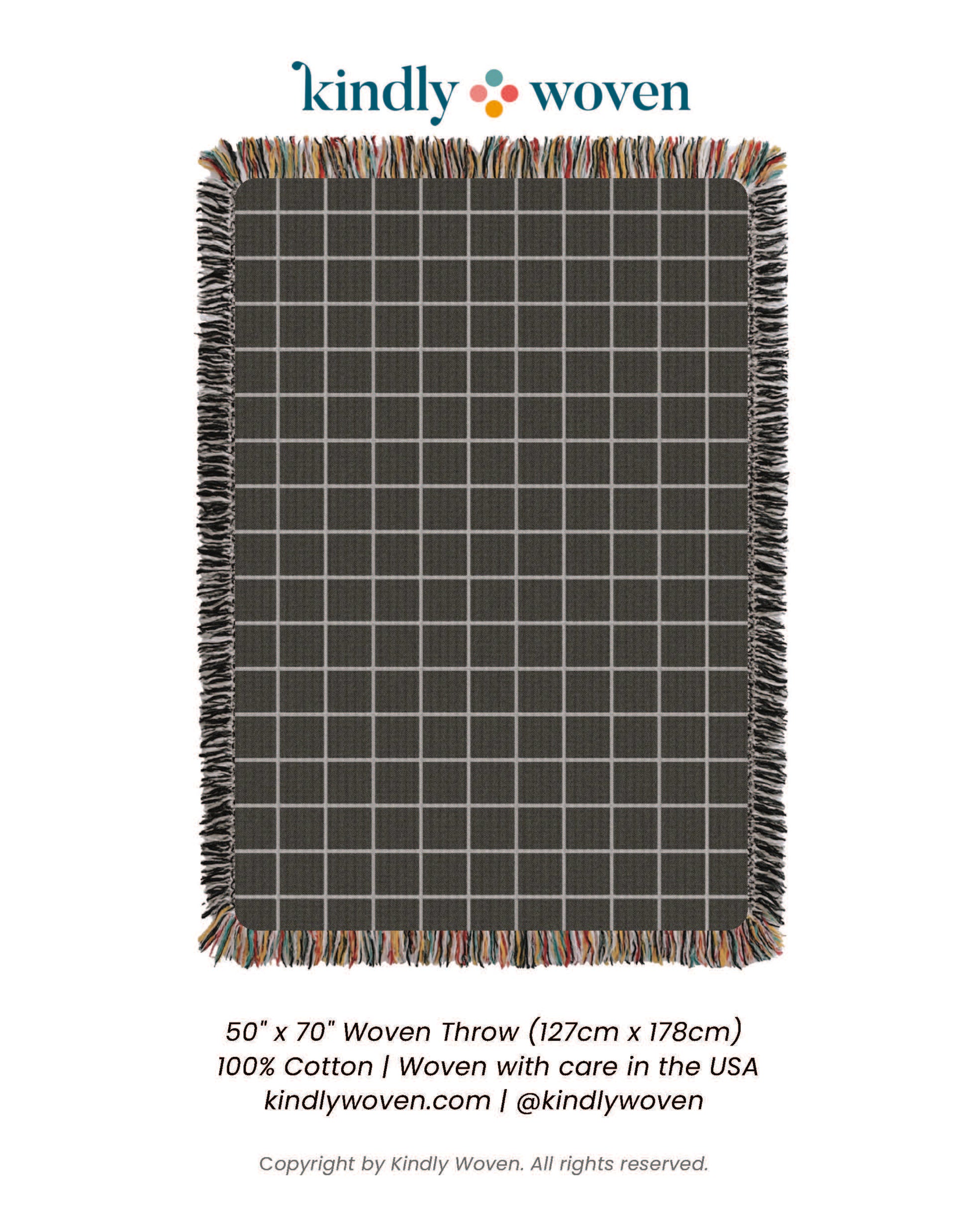 Kindly Woven Greer Nocturne product card showing the full charcoal grid woven throw blanket