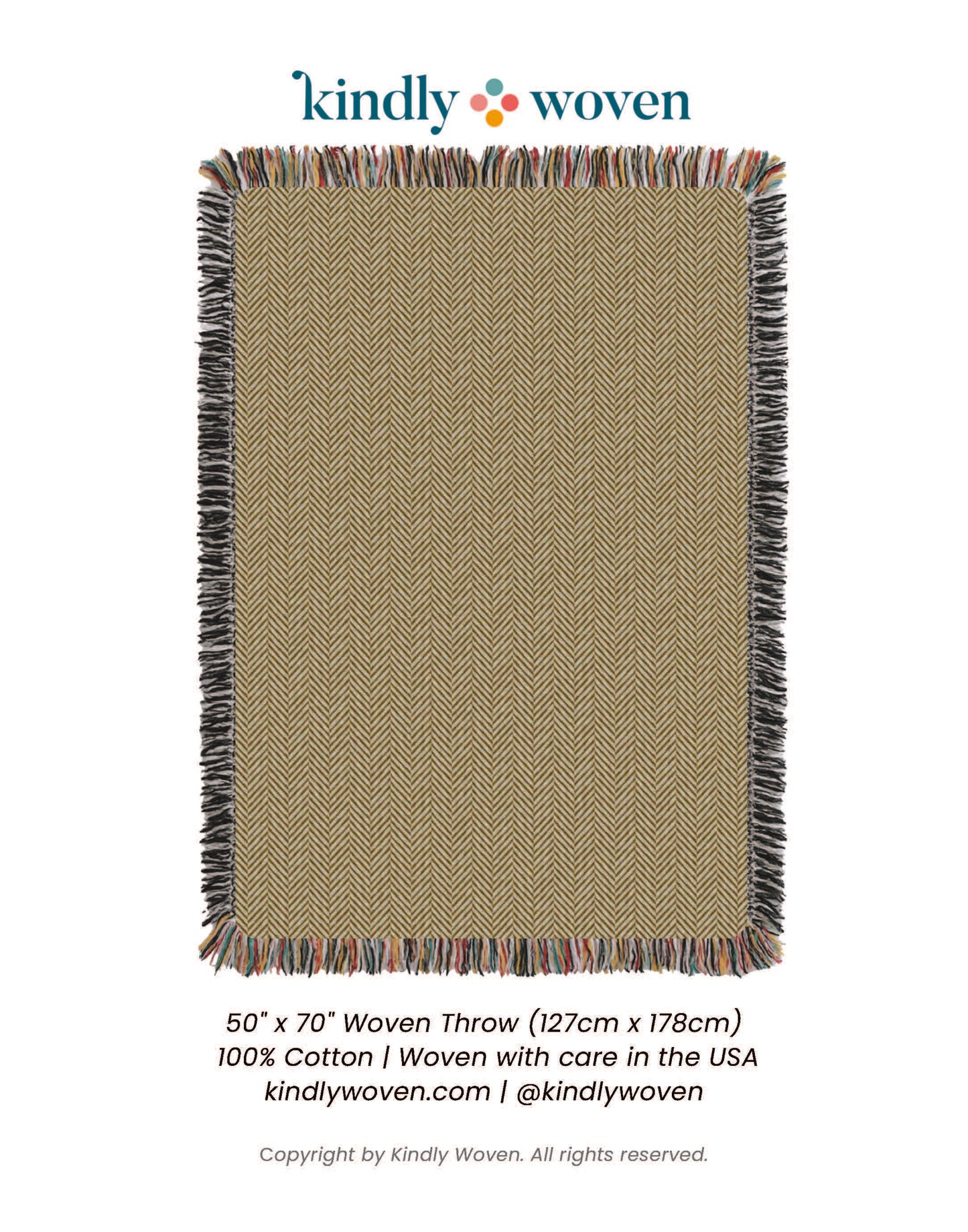 Gold neutral woven throw blanket with  fringe on a white background, branded 'kindly woven'.
