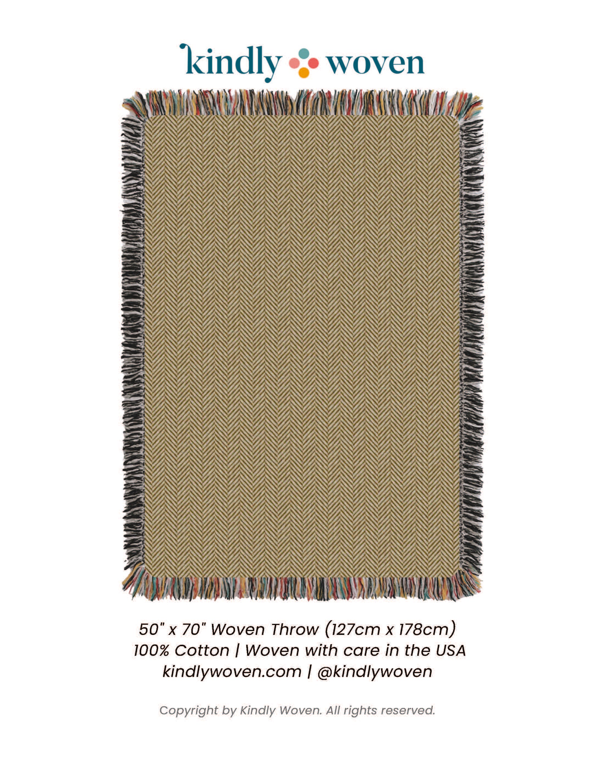 Gold neutral woven throw blanket with  fringe on a white background, branded 'kindly woven'.