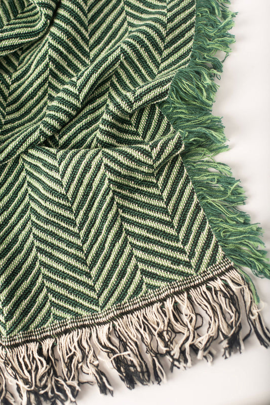 Close-up of Henry Verbena green and cream herringbone woven cotton throw with fringe