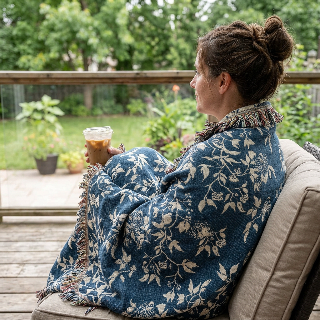 Teal Bird and Botanical Jacquard Woven Throw Blanket, 100% Cotton, Made in USA | Wren Tidesong