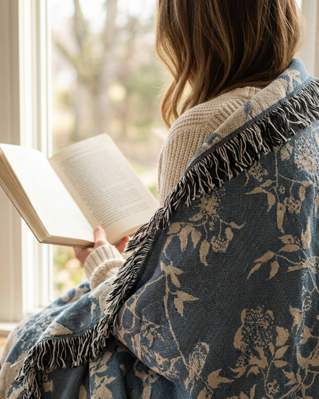 Blue Bird and Botanical Jacquard Woven Throw Blanket, 100% Cotton, Made in USA | Wren Chambray