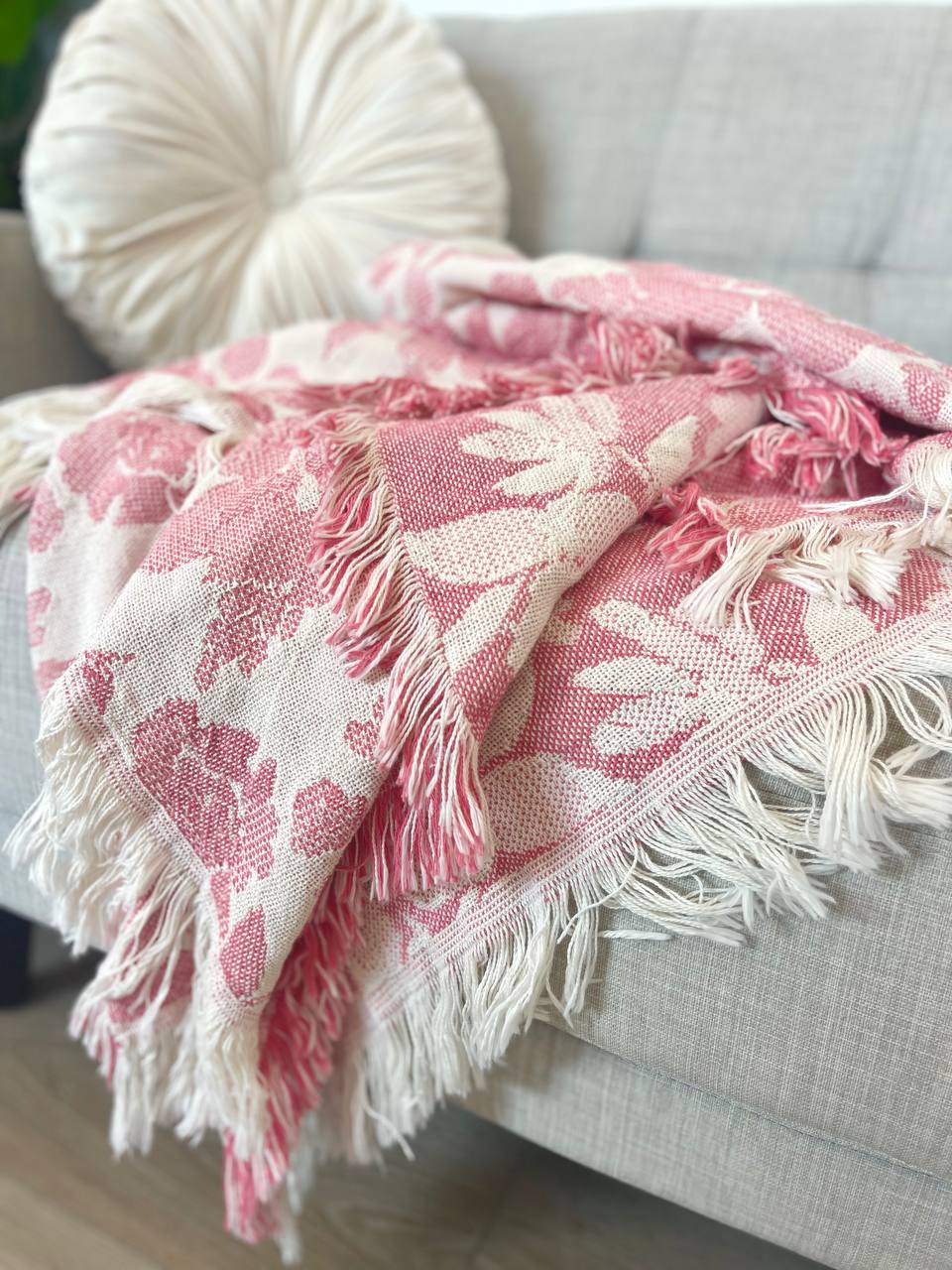Peony Floral Jacquard Woven Throw Blanket, Reversible Cotton Throw, Made in USA | Indy Bloom Peony Petal